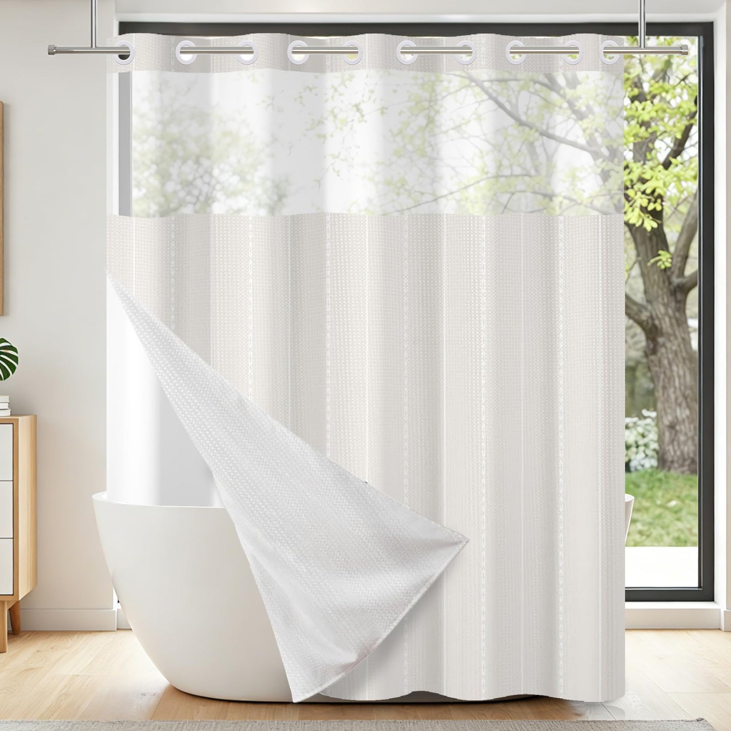 NAEMBCU No Hook Waffle Shower Curtain with Snap-in Liner 71x74 Inch