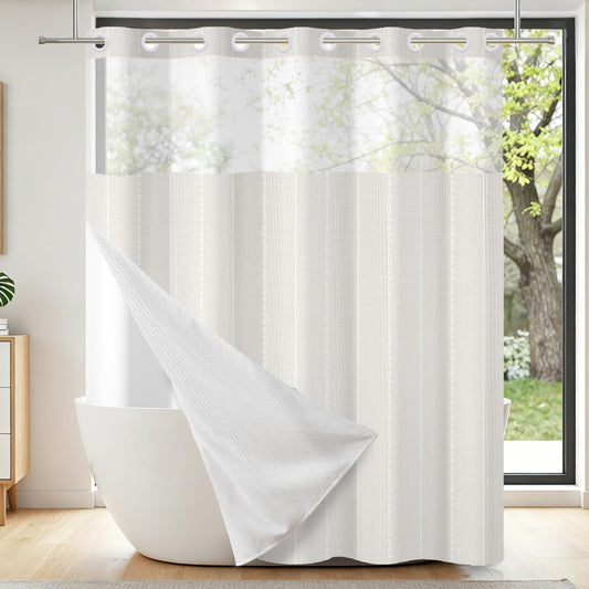 NAEMBCU No Hook Waffle Shower Curtain with Snap-in Liner 71x74 Inch