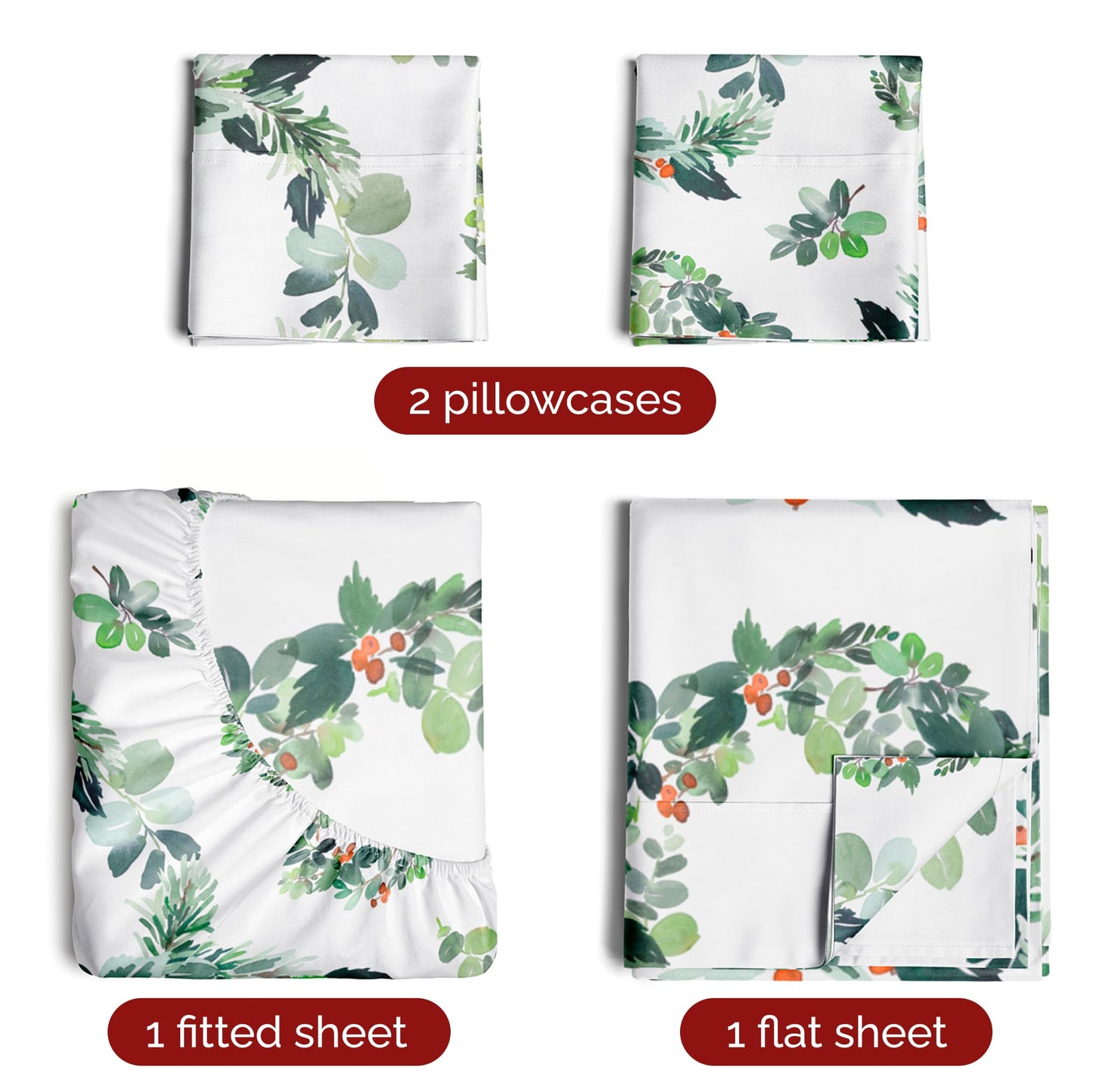 King Christmas Holiday Wreath Sheet Set - Holiday Xmas Pattern Bedding Set - Deep Pockets - Snug Fit - 4 Piece - Wrinkle Free - Cooling Comfy Festive Winter Holiday Sheets for Women, Men, Kids & Teens