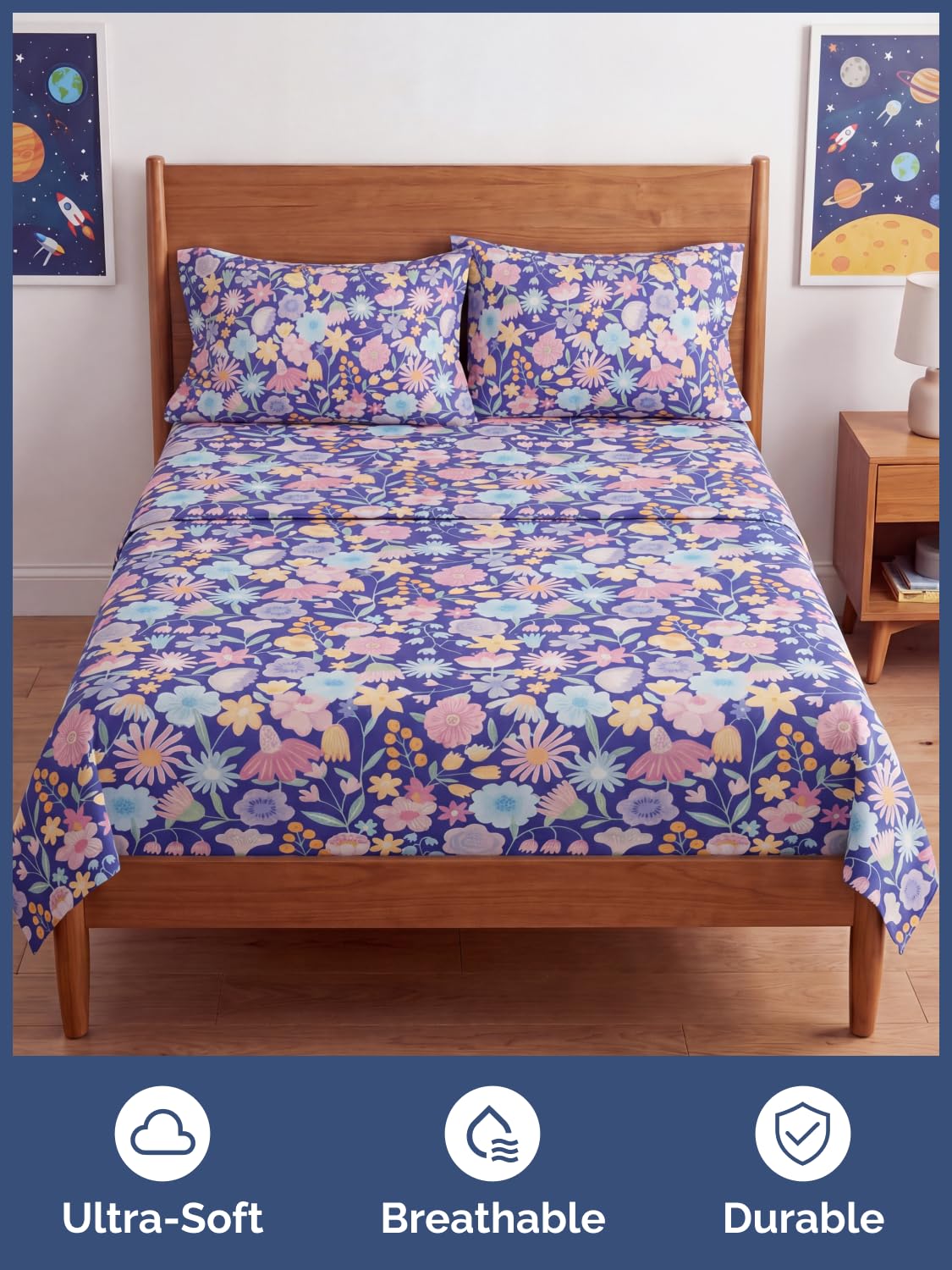CGK Unlimited Kids Purple Meadow Queen 4 Piece Sheet Set - Boys, Girls, Teens, Toddler - Easy Fit Deep Pockets - Soft, Cooling & Breathable Sheets - Cute, Cozy, Fade & Wrinkle Free - Machine Washable