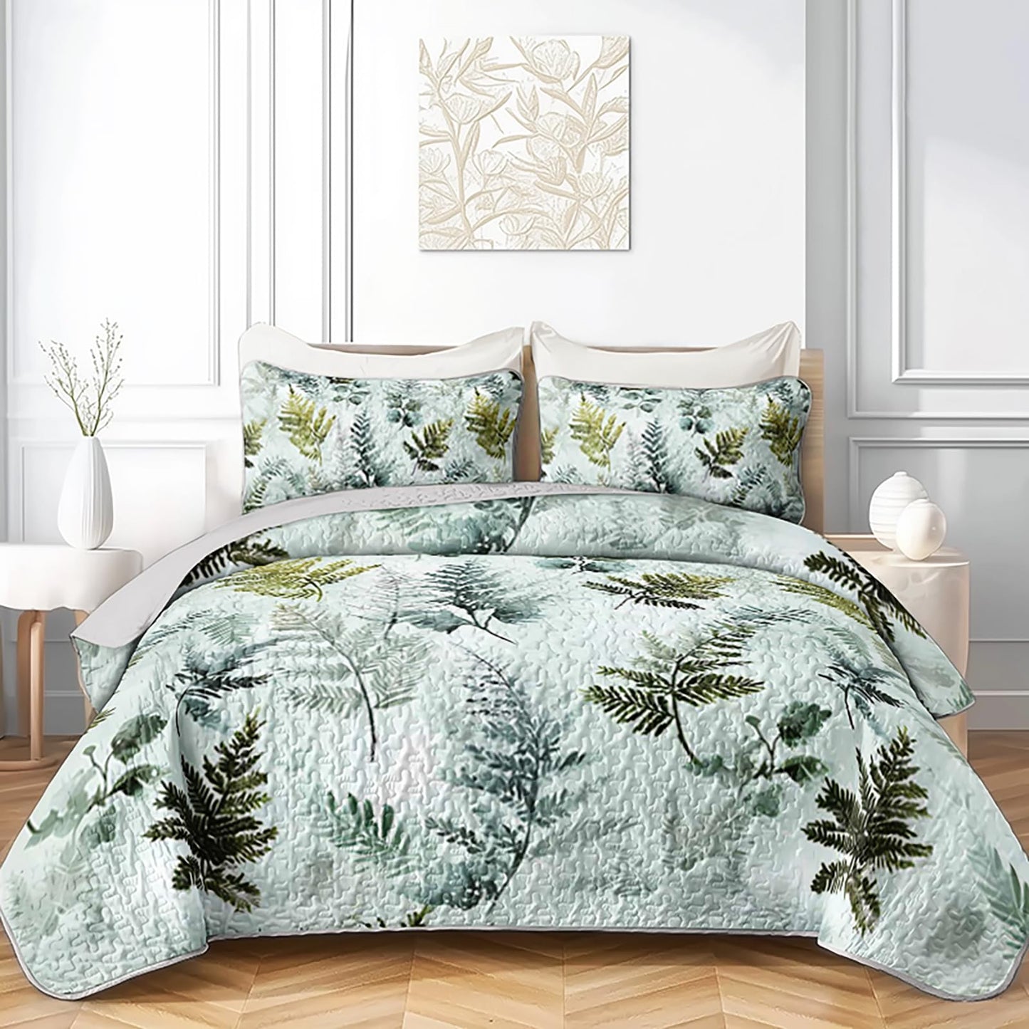AILONEN King Size Green Leaves Print Quilted Comforter Set, 3-Piece Botanical Forest Bedspread Coverlet,Nature Quilted Bedding with 2 Pillowcases