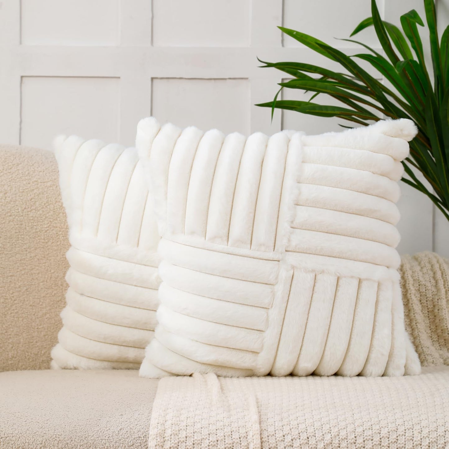 All Smiles Couch Decorative Spring Throw Pillow Covers 18x18 Set of 2 Faux Fur Plush Soft Fluffy Velvet Cushion Case Cozy Fuzzy Striped Pillowcase Home Decor for Bed Sofa Living Room,Cream White