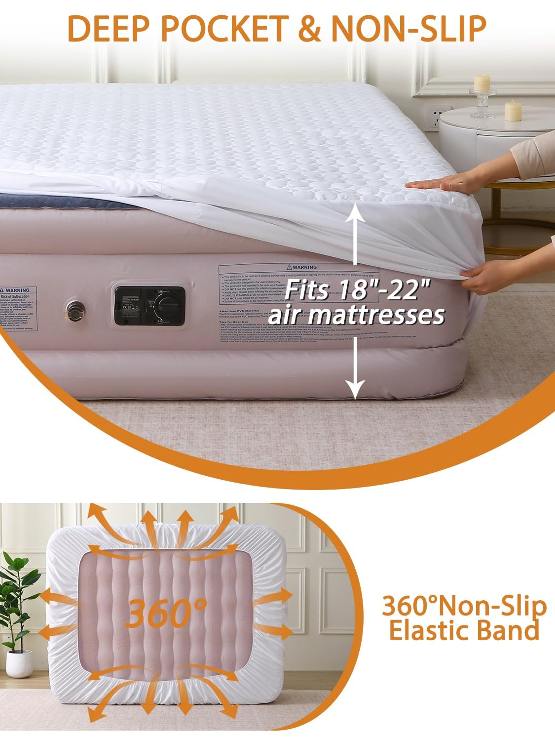 Bedecor Queen Quilted Air Mattress Pad with Pump Access Zipper,Air Bed Protector Cover, Deep Pocket Fits 18-24 Inch Blow Up Beds, Quiet & Breathable,White Oval