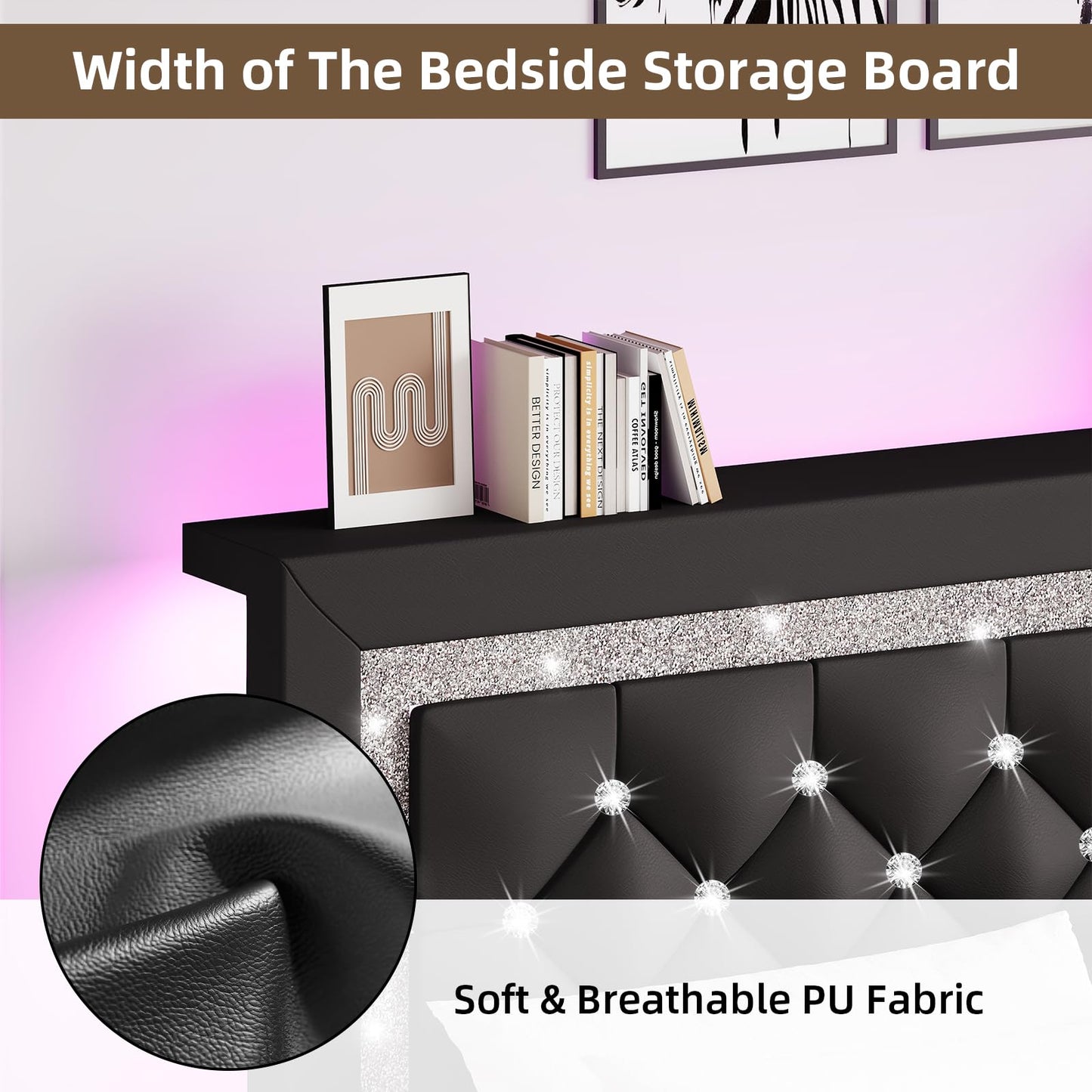 BarnFurin Full Size Bed Frame with Storage Headboard, Full Size Bed Frame with Headboard Diamond Tufted and LED Lights, Wooden Slats Support, Noise Free, No Box Spring Needed, Easy Assembly, Black
