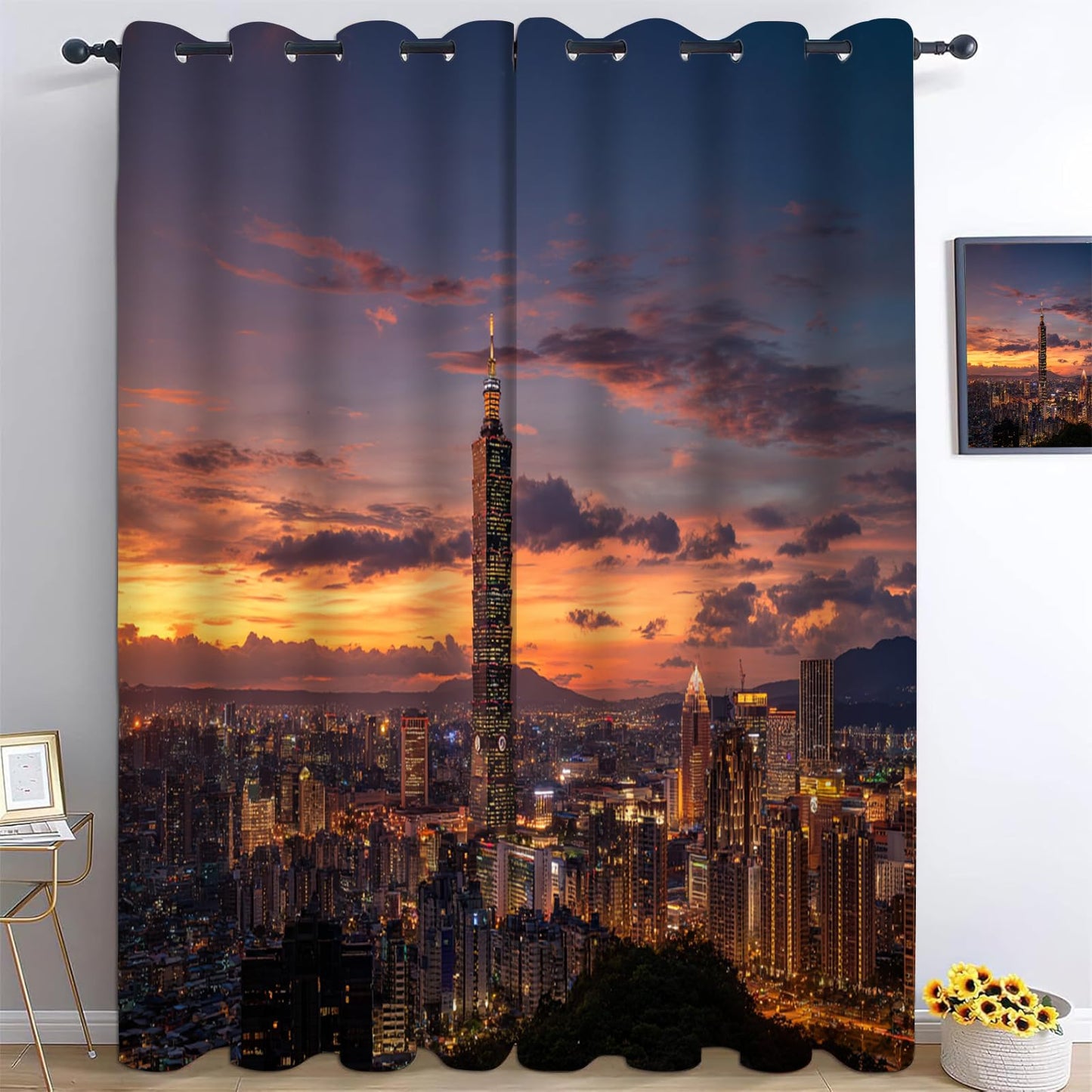 City Darkening Window Curtains, Modern City 3D Print Blackout Curtains 2 Panel Set 84" W x 54" L, Protect Privacy Opaque Drapes with Grommet for Homes Dormitories Hotels Decor