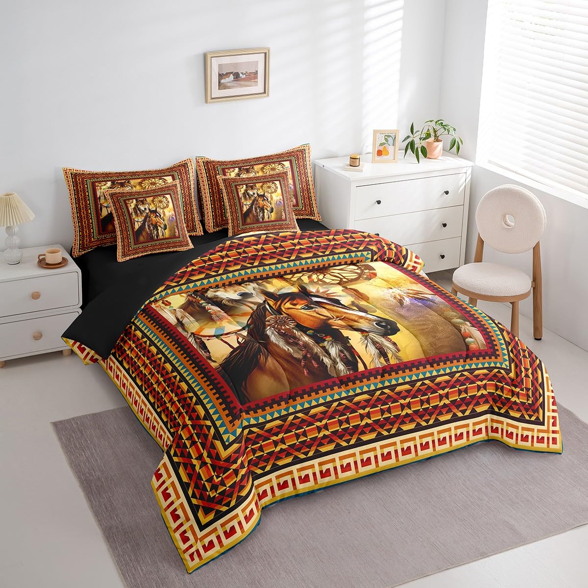 Erosebridal 7 Piece Brown Horse Bed in a Bag Twin Boho Exotic Aztec Sheet Set for Boys Girls Rustic Farmhouse Bedding Comforter Bohemian 3D Wild Animal Dreamcatcher Decor Cushion Covers