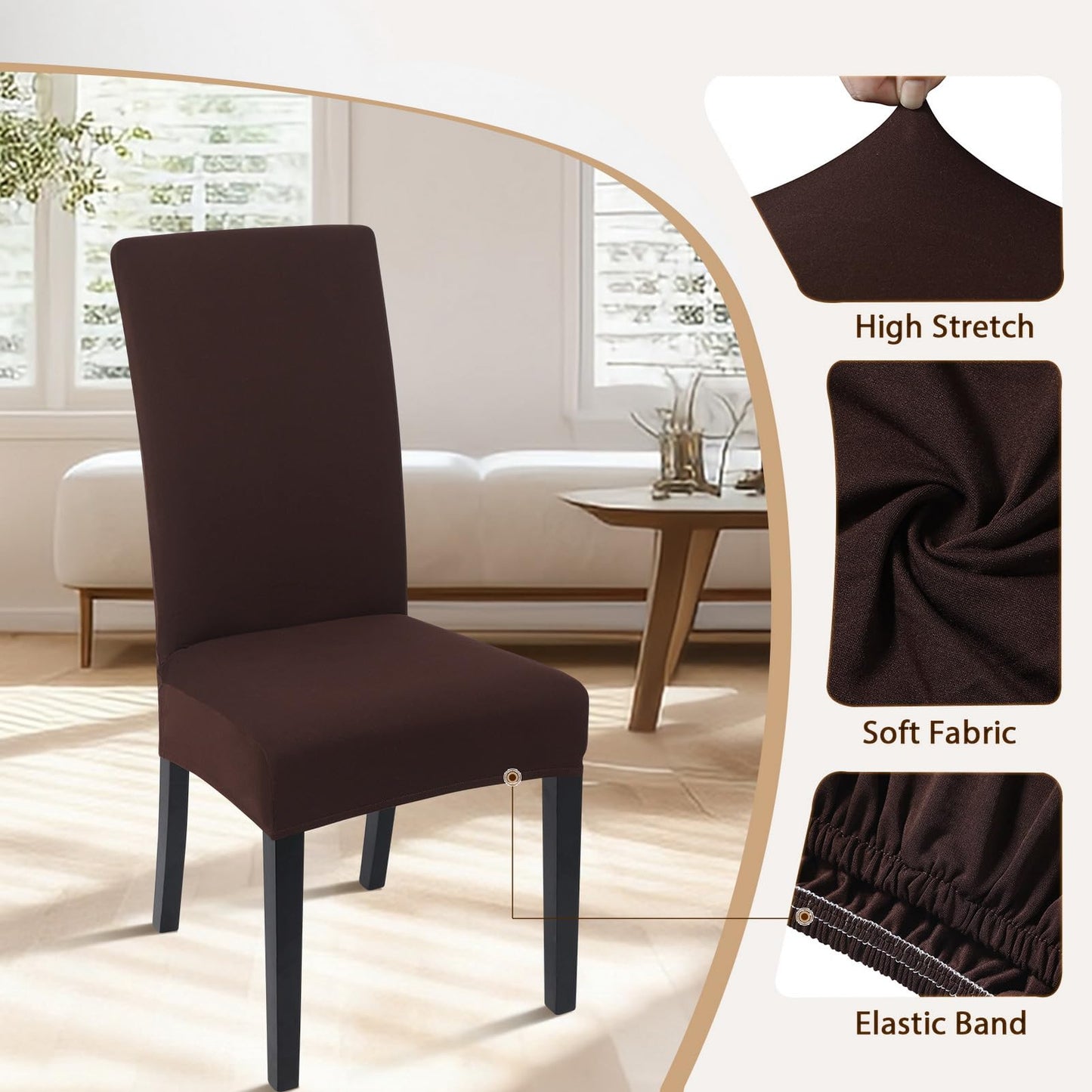 SearchI Chair Covers for Dining Room Set of 4, Stretch Solid Color Kitchen Parsons Chair Covers Washable Spandex Dining Chair Slipcovers Seat Protector for Hotel,Banquet,Ceremony (Chocolate)