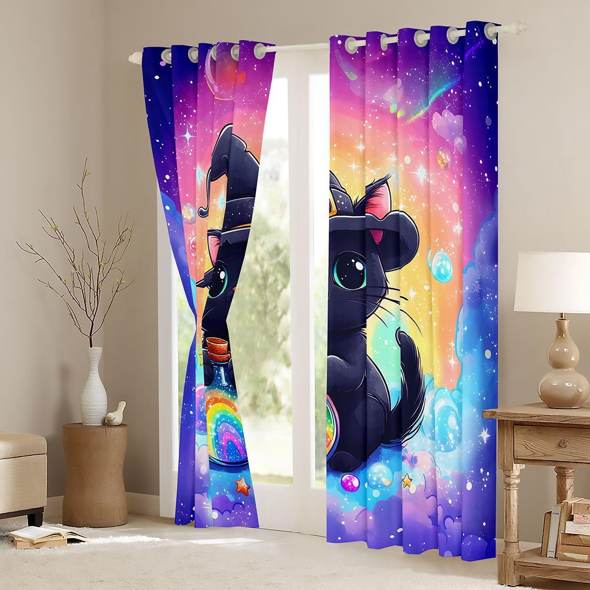 Feelyou Black Cat Curtains for Bedroom Living Room Cute Kitten Blackout Shades Rainbow Room Darkening Curtain Cute Animal Window Treatments, 2 Panels 42 x 90 Inch Decor