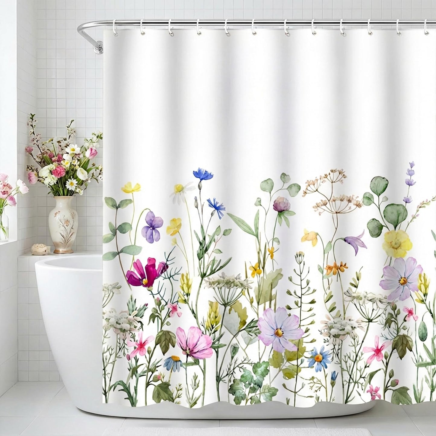 ZCHOMI Floral Shower Curtain Pretty Wildflower Plant Botanical Garden Bathroom Curtains Waterproof Polyester Fabric Bath Curtain 72 x 72 Inch with 12 Hooks