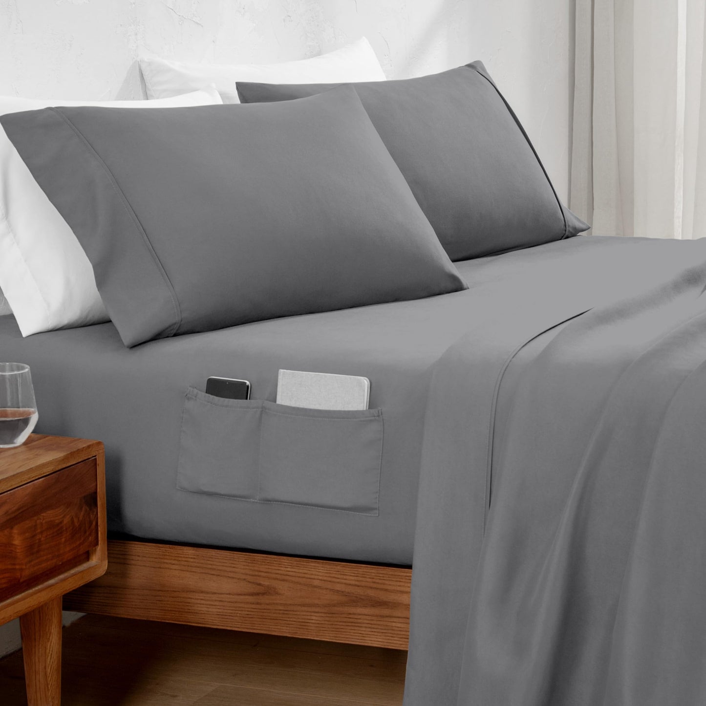 Bare Home Full Sheet Set Storage Pocket - 1800 Ultra-Soft Microfiber Bed Sheets - Double Brushed - Deep Pocket - Bedding Sheets & Pillowcases (Full, Grey)