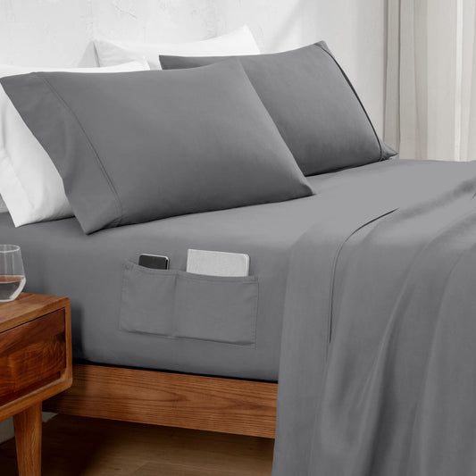 Bare Home Full Sheet Set Storage Pocket - 1800 Ultra-Soft Microfiber Bed Sheets - Double Brushed - Deep Pocket - Bedding Sheets & Pillowcases (Full, Grey)