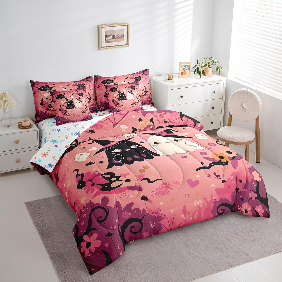 Feelyou Happy Halloween 7 Piece Bedding Set Twin Size Cute Ghost Groovy Bed in a Bag for Kids Boys Girls Teens Pink Sweet Comforter Set with Sheets Spiderweb Bed Set