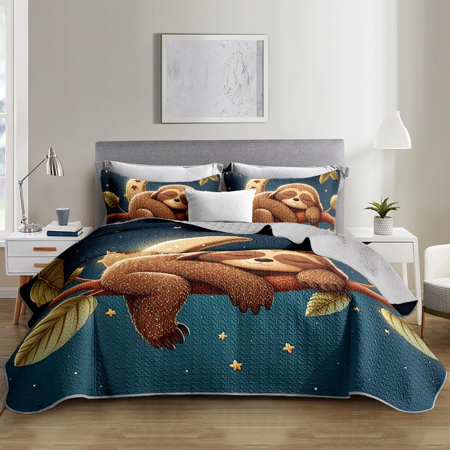 XYNHML Kawaii Brown Sloth Quilts Bedding Set Twin 3Pcs Galaxy Moon Universe Outer Space Star Quilt Bed Set Lightweight Soft Bedspread Coverlet with 2 Pillowcases for Kid Boy Girl Teen Adult Bed Decor