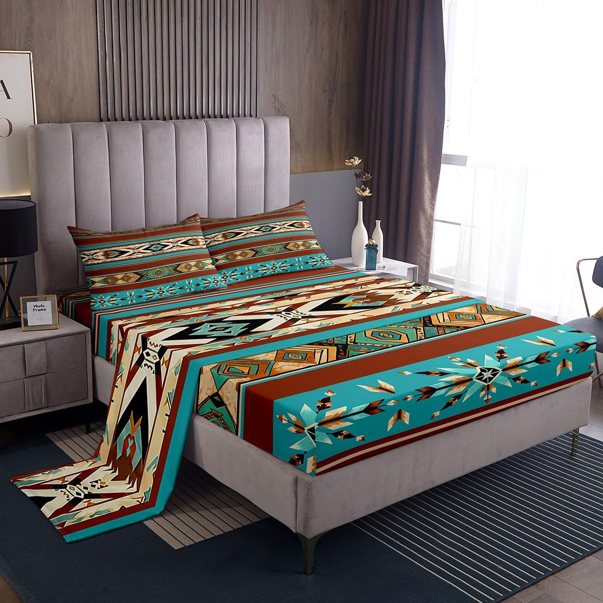 jejeloiu Southwestern Aztec Bed Sheets Sets Queen Size Kids Boys Girls Western Aztec Bedding Set Boho Bed Sheet Set with 16-Inch Deep Pockets Geometric Ethnic 4Pcs with 2 Pillow Cases