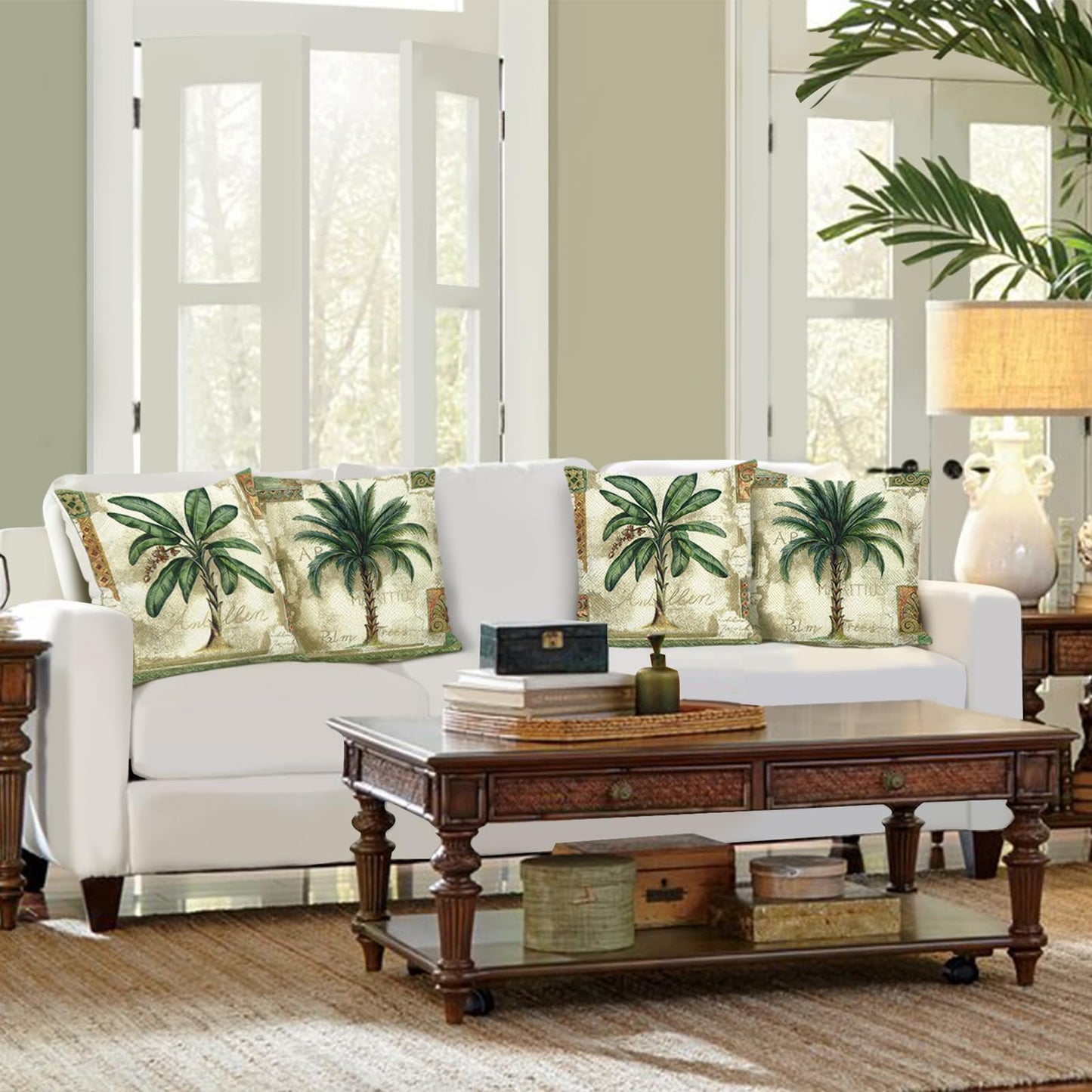 Bonhause Tropical Palm Tree Throw Pillow Covers 18 x 18 Inch Summer Outdoor Green Leaves Decorative Pillow Cases, Cushion Covers for Patio Couch Sofa Home Decor Set of 4