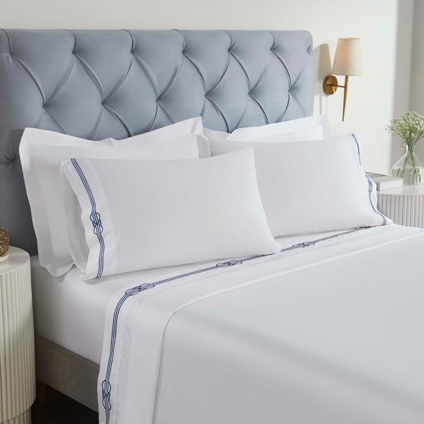 Superior Embroidered Cotton Bed Sheet Set, 1 Elastic Deep Pocket Fitted Sheet, 1 Flat Sheet, 2 Pillowcases, Daily Soft Sheets, Luxury, Elegant Design, Moonlawn Collection, Queen Size, White/Navy Blue