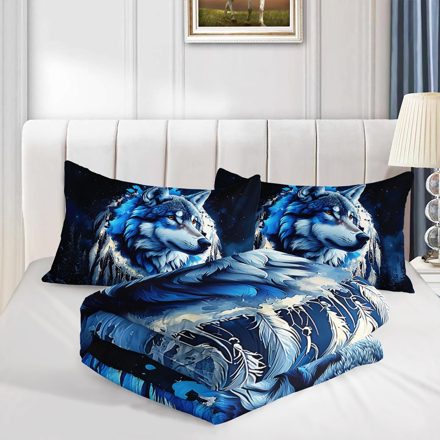 UEVBF Wild Animal Themed Wolf Comforter Set Queen Size,Blue Dream Catcher Snow Scene Bedding Sets for Kids Boys Girls Teens Room Decor,Western Comforter Set with 2 Pillowcases.
