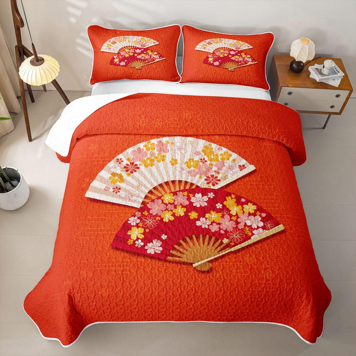 Erosebridal Japanese Folding Fans Quilt Twin Size - Japanese Style Bedspread Japan Cherry Blossoms Bed Coverlet with 1 Pillowcase
