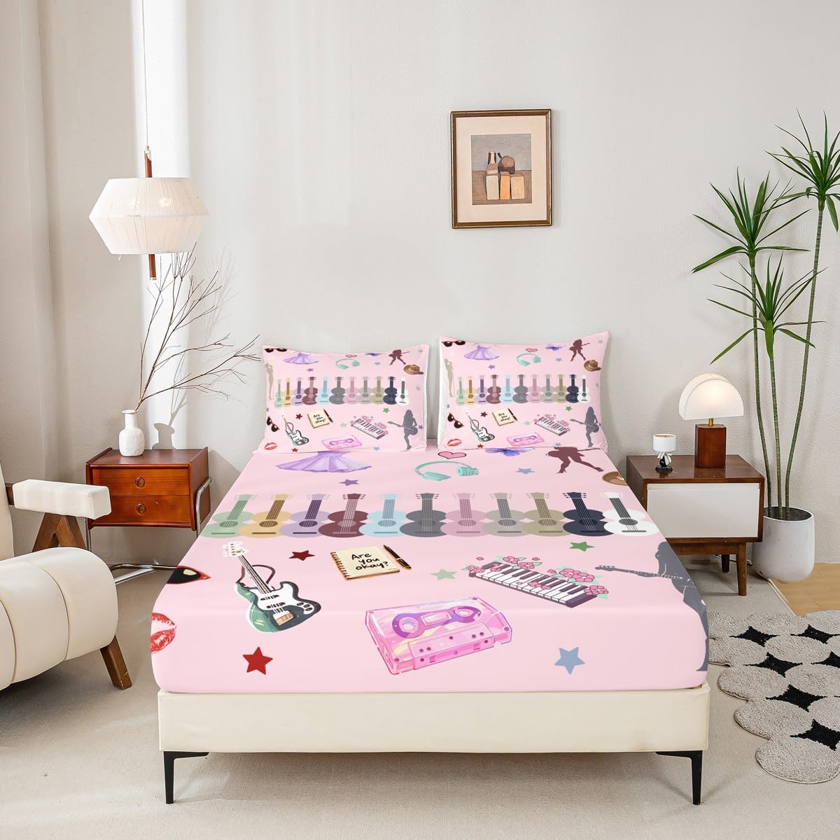 Erosebridal Music Fans Guitar Bed Sheets Set King Music Themed Sheet Set Singer Fans Pink Sheets for Kids Girls Women Fashion Birthday Valentines Day Gift Flat Fitted Sheet 4 Pcs Bedroom Decor