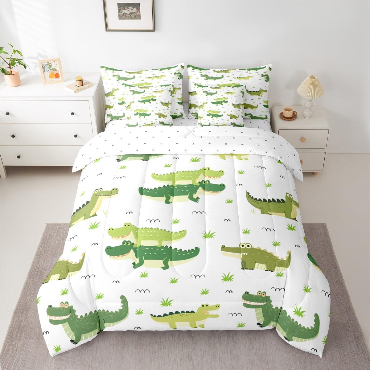 Erosebridal Crocodile 7 Piece Bedding Set King Grass Comforter Set with Sheets Hand Drawn Cartoon Crocodile Simple Bed in a Bag Cute Green Crocodiles Grassland for Kids Boys Girls