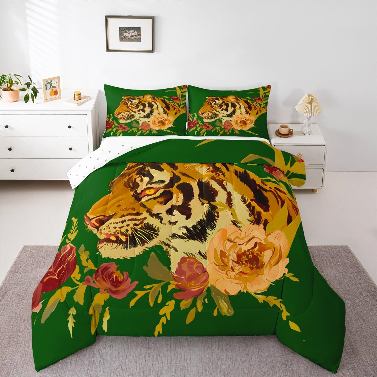 Erosebridal Tiger Comforter Set Twin Size Modern Flowers Bedding Set for Kids Girls BoysGreen Red Romantic Roses Comforter Wild Animals Plants Quilt Bedroom Decor