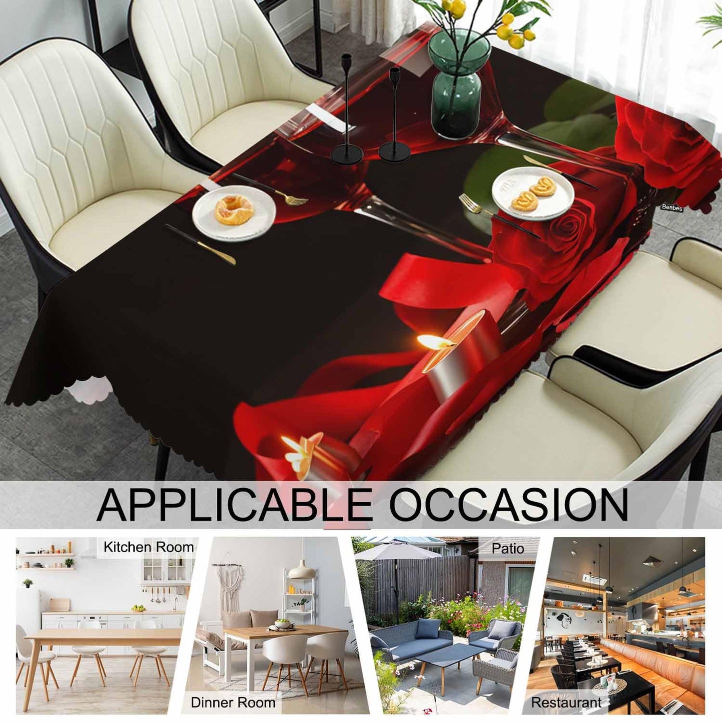 Beabes Wine Table Cloth Rectangle Table 52"X70", Romantic Red Wine Glasses Rose Wipeable Table Cover for Dinner Kitchen, Indoor Outdoor Tablecloth for Party Banquets Weddings