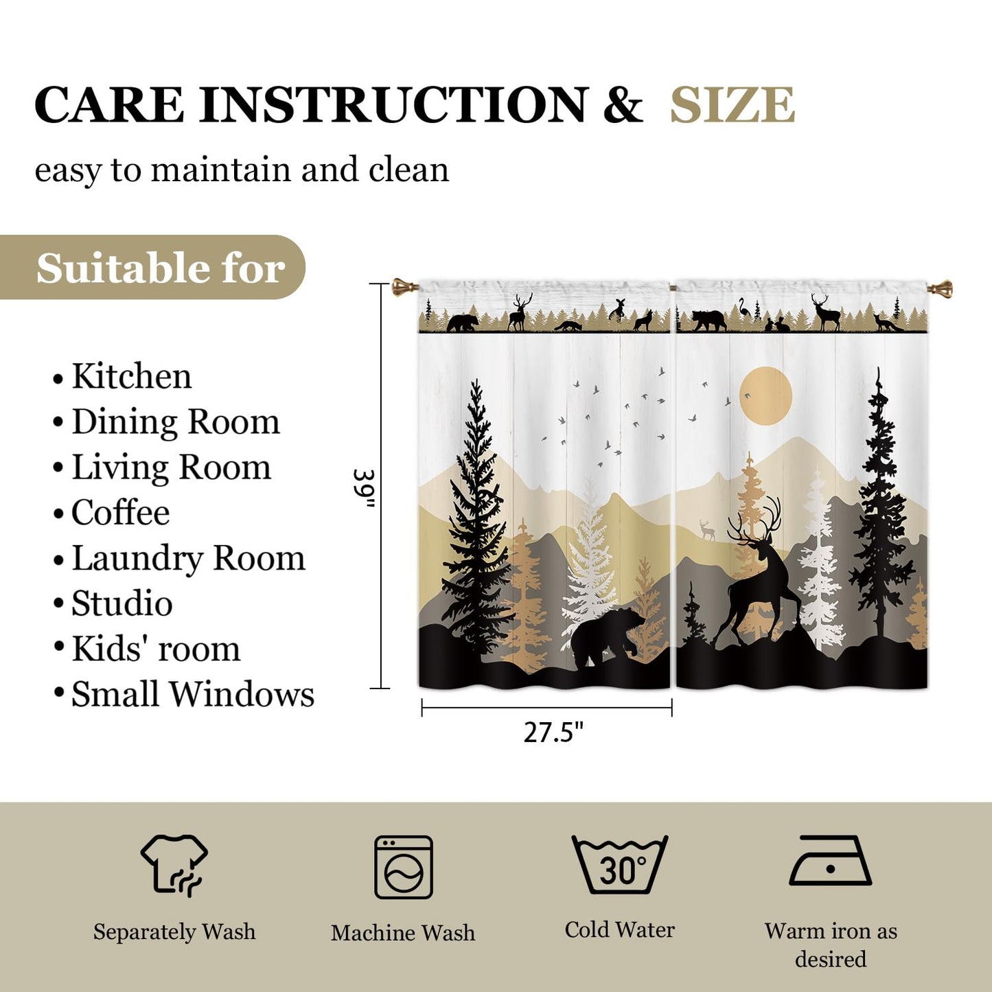 Cizuug Farmhouse Forest Cabin Kitchen Curtains Rustic Wooden Small Short Cafe Window Curtains Tree Country Deer Bear Rod Pocket Bathroom Window Drapes Treatment Tier Curtains 2 Panels (27.5x39 Inch)