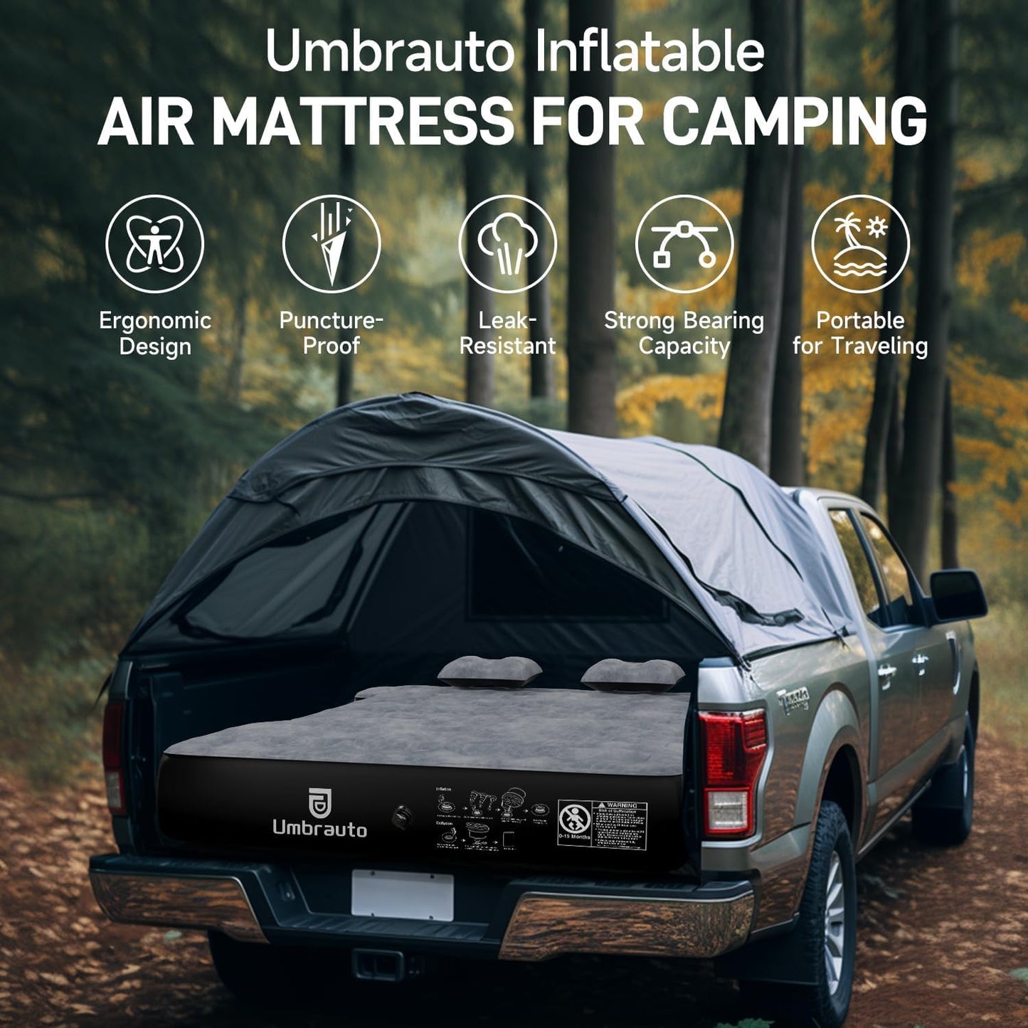 Umbrauto Inflatable Truck Bed Air Mattress for Full Size Short Truck Beds, 5.5-5.8ft, with Pump & Carry Bag. Perfect for Outdoor Adventures