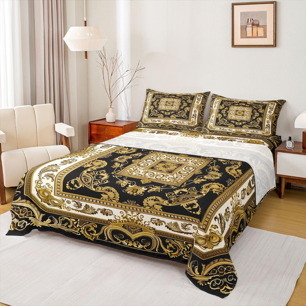 Erosebridal Boho Chic Floral Bed Sheets Set Full Hippie Paisley Sheet Set Vintage Boho Sheets Golden Black Flat Fitted Sheet