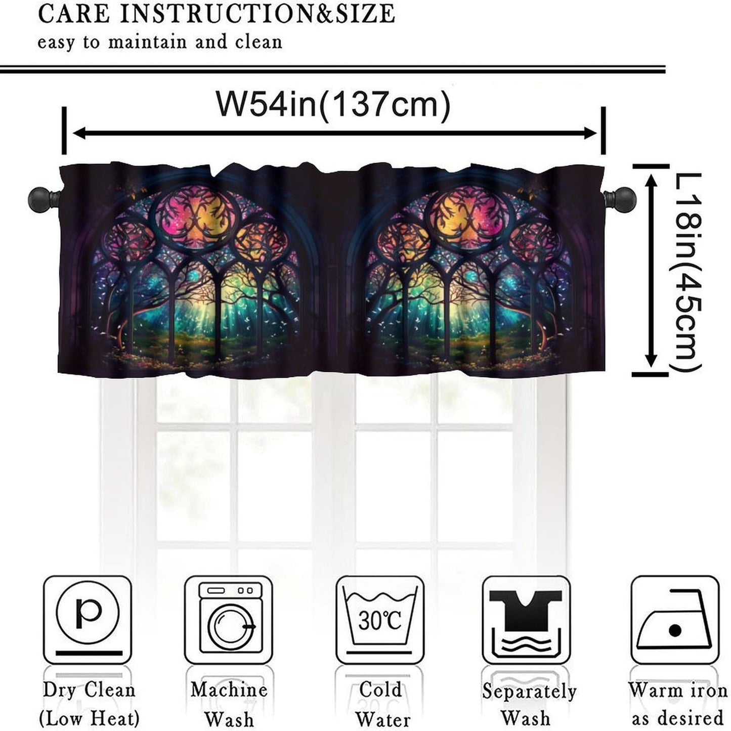 Fantasy Castle Blackout Window Valance Curtain, Arched Door Through Fairy Tale Forest, Colourful Stained Windows Circle Scenery for Home Kitchen Restaurant Decoration Window Valance 1 Panel 54x18inch