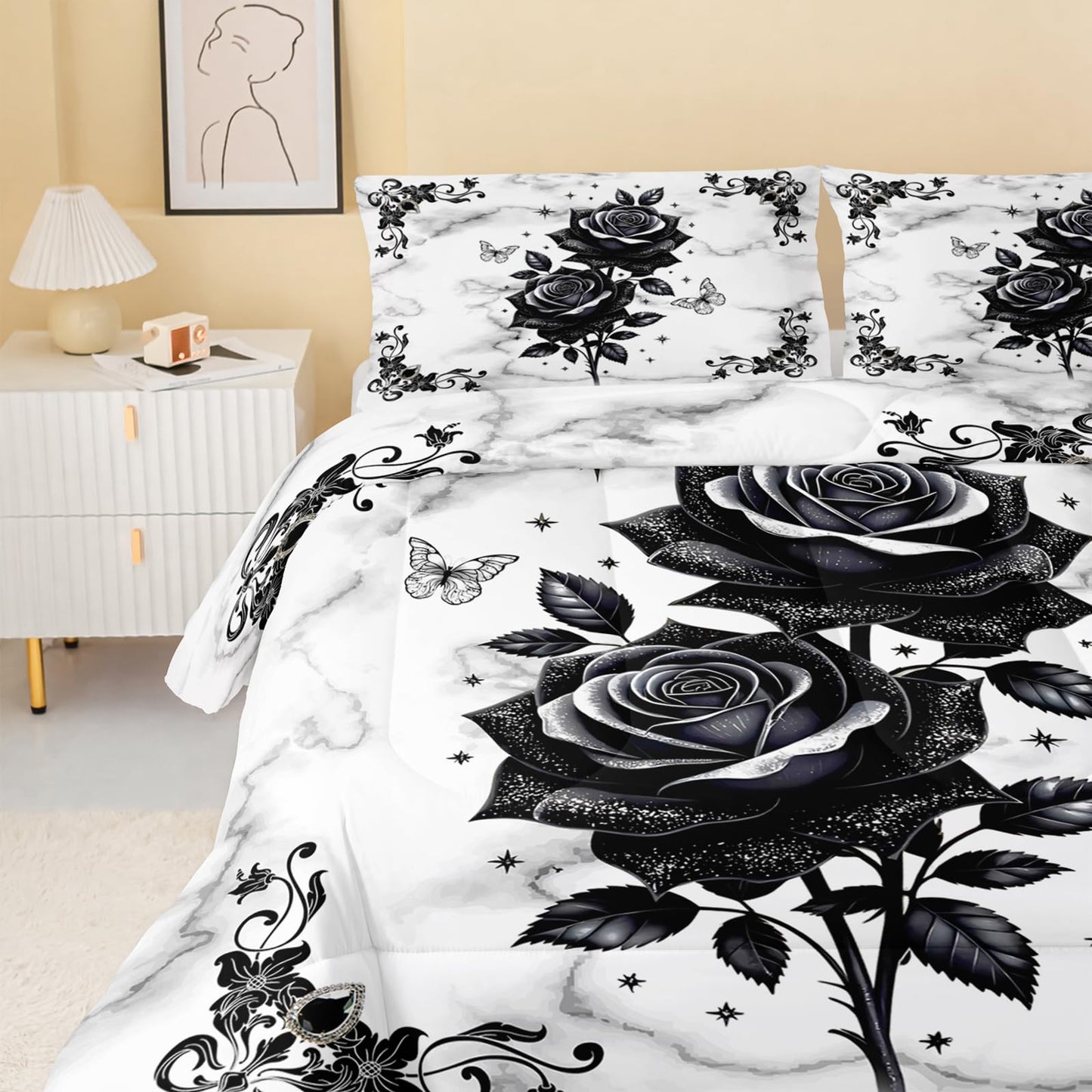 QOOMO Black Flowers Kids Bedding Set,Cartoon Plants Comforter Set Queen Size for Boys Girls Teen Room Decorat,Soft Lightweight Bed Set All Season,1 Comforter 2 Pillowcases