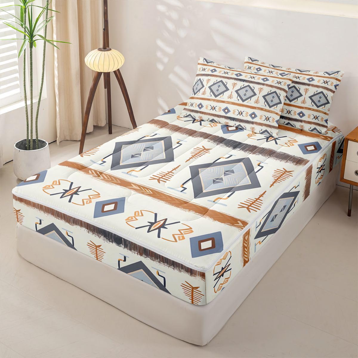 Geometric Aztec Zipper Bedding Queen Western Boho Zip Up Bedding Set for Boys, Ethnic Tribal Arrow Diamond Bed in a Bag Navajo Style Southwestern Decor Comforter with Fitted Sheet and 2 Pillowcases