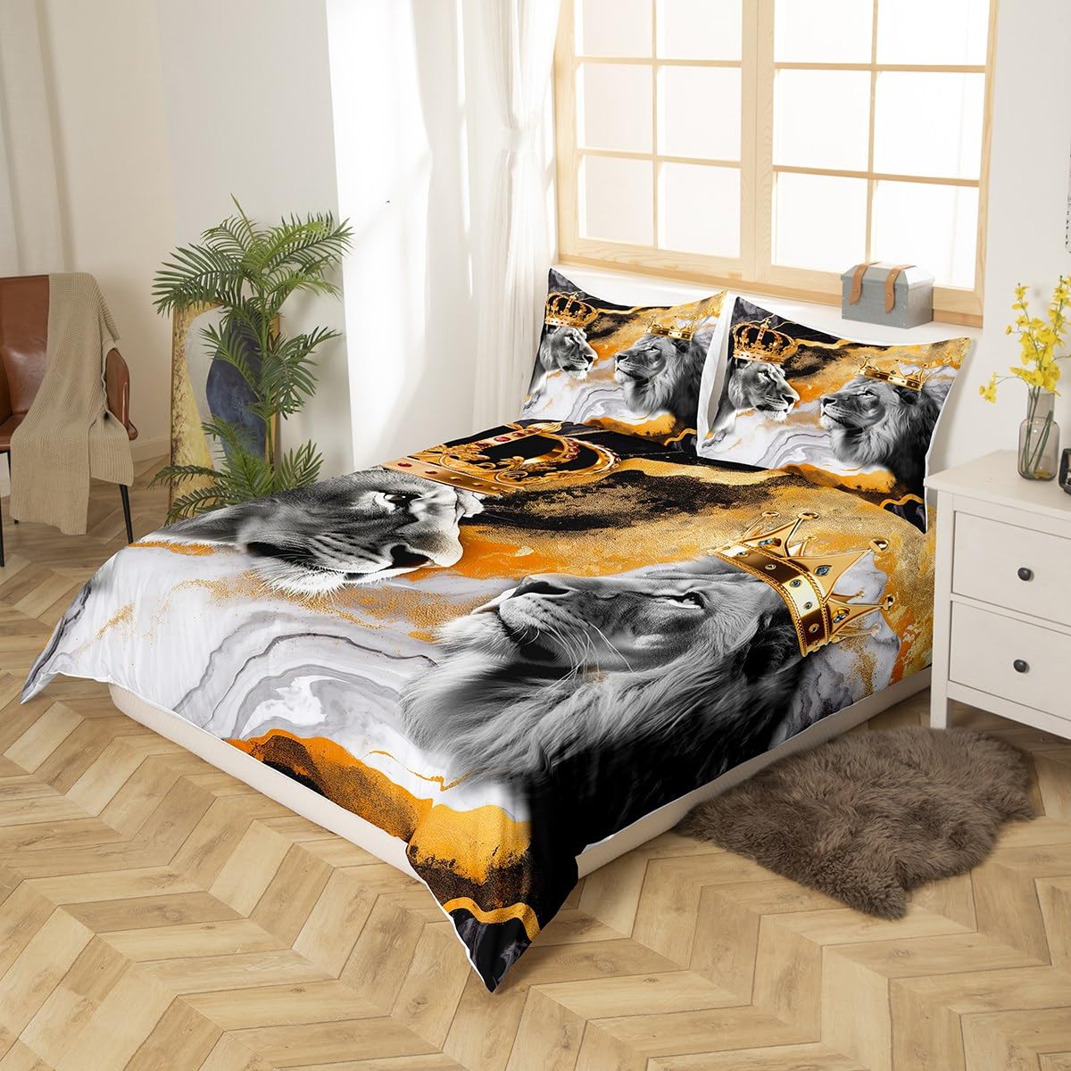 Homewish Lion Couple Duvet Cover Set Full Size,African Tropical Wild Animal Comforter Cover with 2 Pillowcases,Crown Decor Gold Black Marble Print Breathable Bedspread for Boys Teens