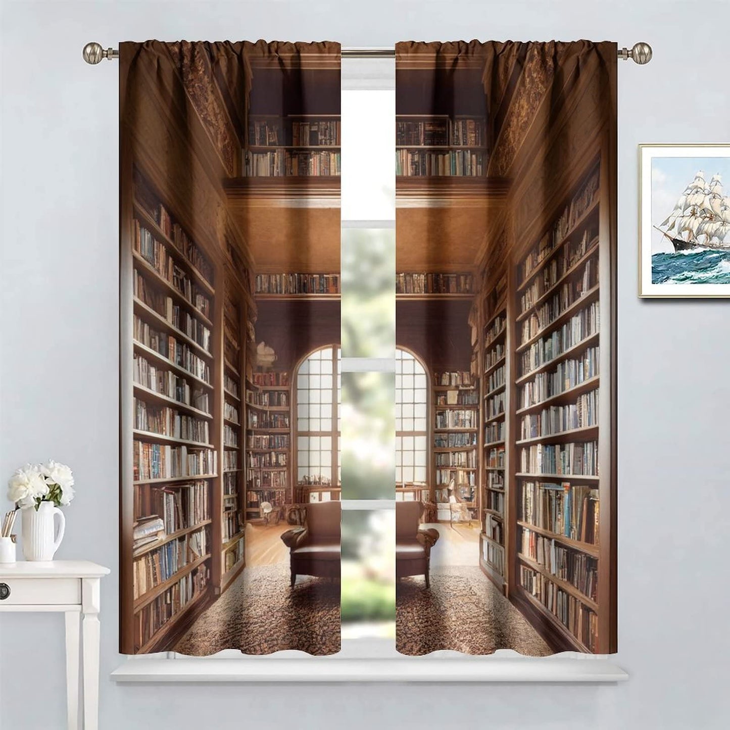 Bookshelf Curtains, Vintage Library with Books Window Treatments for Kids Bedroom, Wooden Wooden Antique Bookcase Drapes 2 Panel Sets,42x45 Inch