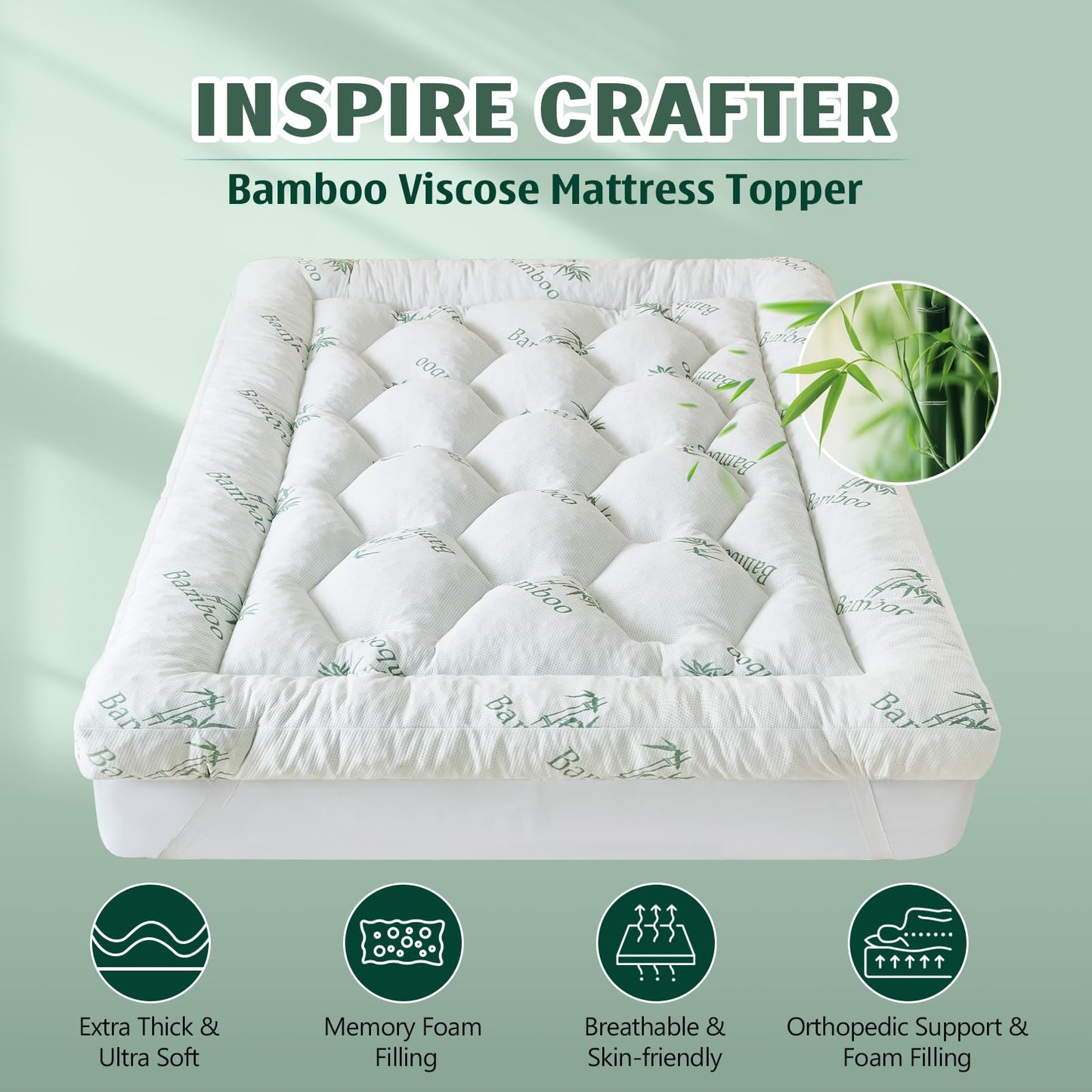 5 Inch Memory Foam Mattress Topper Full Size, Breathable Viscose Made from Bamboo Pillow Top Mattress Pad Cover, Soft Bed Topper with 2000 GSM Foam Filling for Pain Relief, White, 54x75x5 in