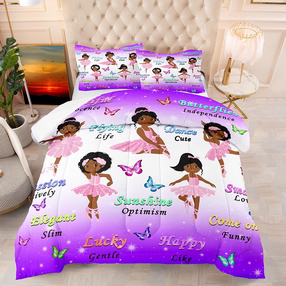 BATATADOCE African Black Girl Bedding Set - Black Girl Comforter Set for Girls Purple and Pink Twin Comforter Set for Girls