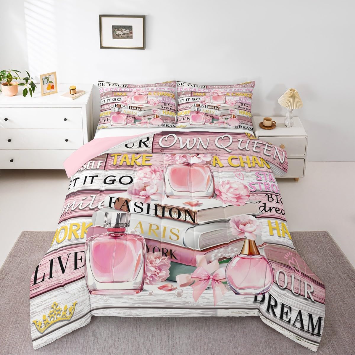 Erosebridal Pink Fashion King Bedding Set for Women Girls Kids Girly Aesthetic Modern Comforter Inspirational Quotes Trendy Elegant Coquette Cute Quilt Perfume Paris Preppy Pink Bow Duvet Insert