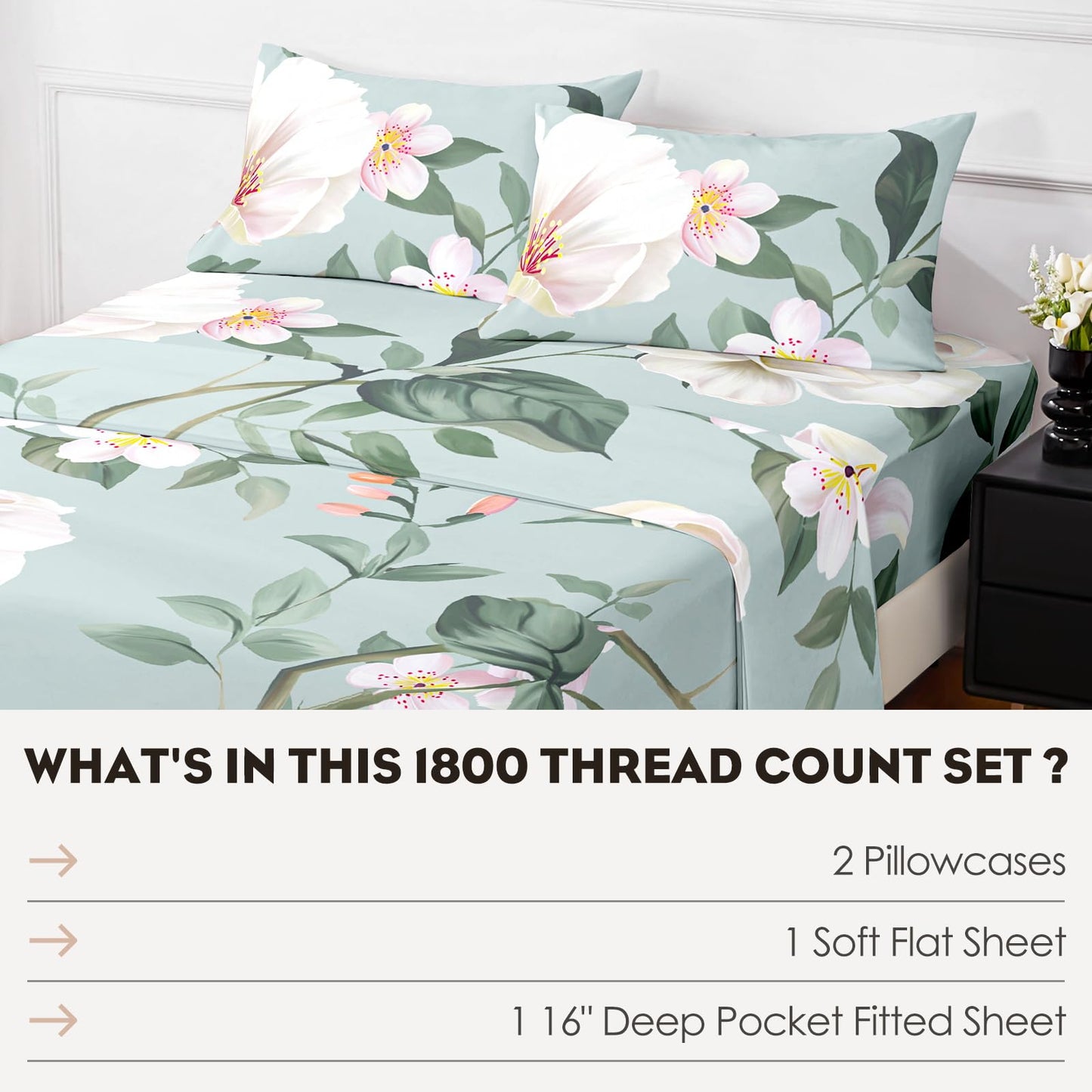 HCORA Floral King Size Sheets Set, Luxury 1800TC Hotel Quality Double Brushed Microfiber Deep Pocket Bed Sheets, Ultra Soft, Breathable and Cooling, 4PC, King