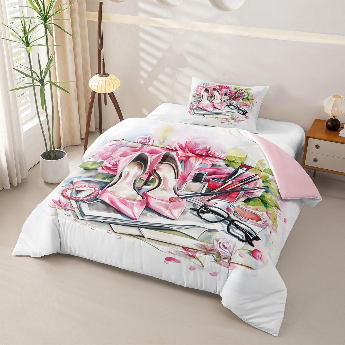 Erosebridal High Heel Comforter Set Rose Floral Twin Bedding Sets for Girls Children Boys Book Perfume Girly Coquette Comforter Fashion Makeup Theme Quilt