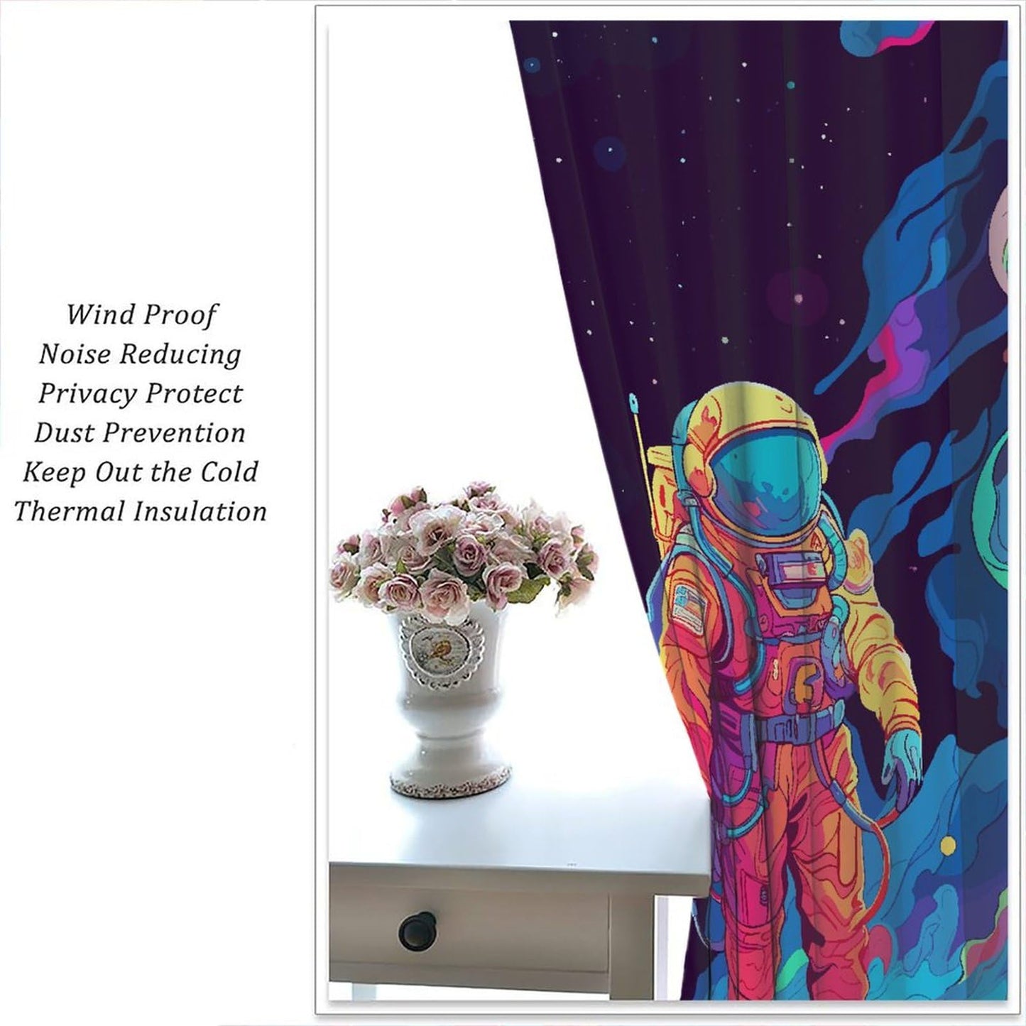 Astronaut Curtains, Cartoon Abstract Cool Colorful Funny Outer Space Cosmic Spaceman Blackout Window Treatments, Thermally Insulated Rod Pocket Drapes For Boys Teen Men Bedroom Living Room 63x72in