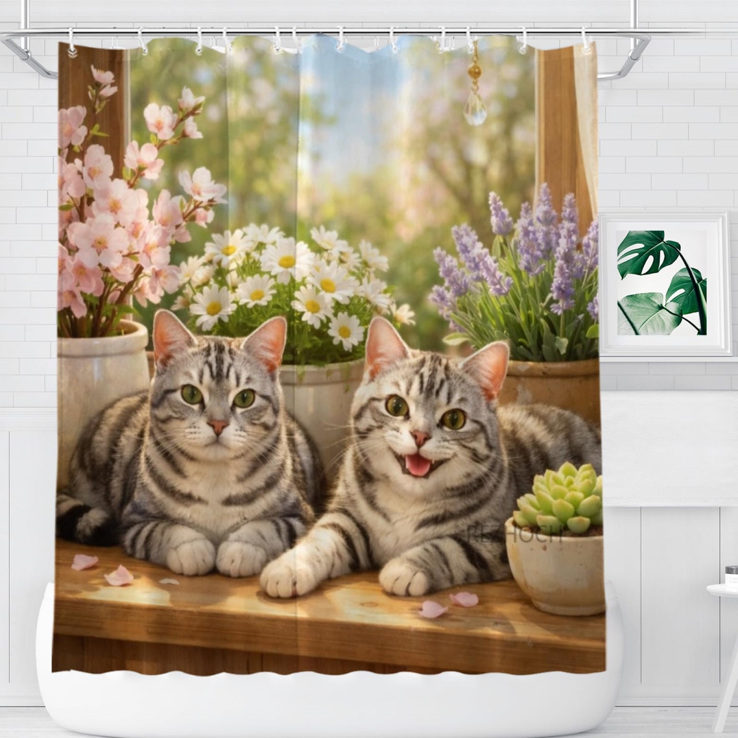 REZHOCH Fun American Shorthair Cat Shower Curtain 72x72Inch Cute Animals Home Bathroom Decor,Spring Summer Floral Window Scene Rustic Farmhouse Plants Soft Pastel Nature Waterproof Bath Set
