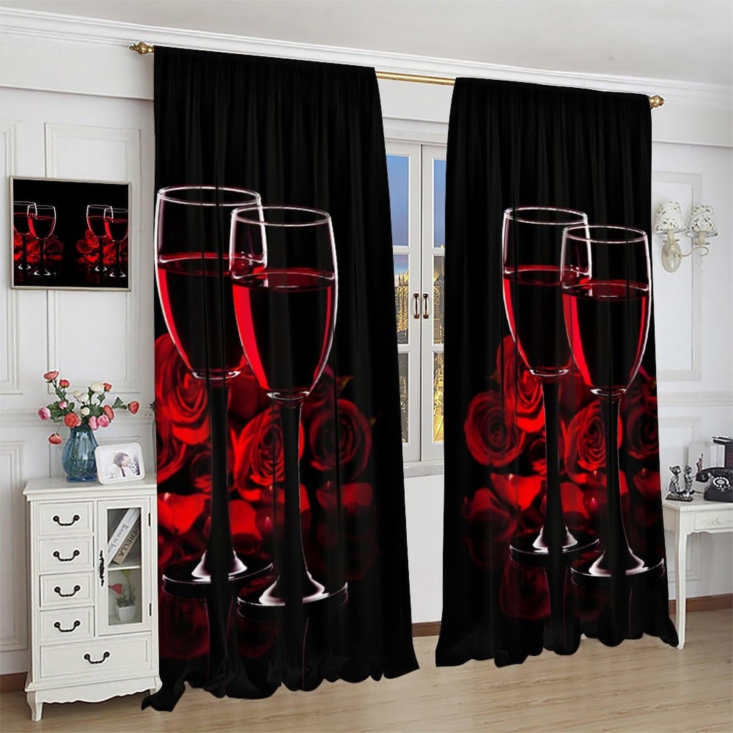 Wine Rose Curtains, Red Wine Glass Rose Floral Print, Light Filtering Window Drapes for Bedroom Dining Room Living Room, 20.5" W x 44.5" L, 2 Panels （No Blackout）