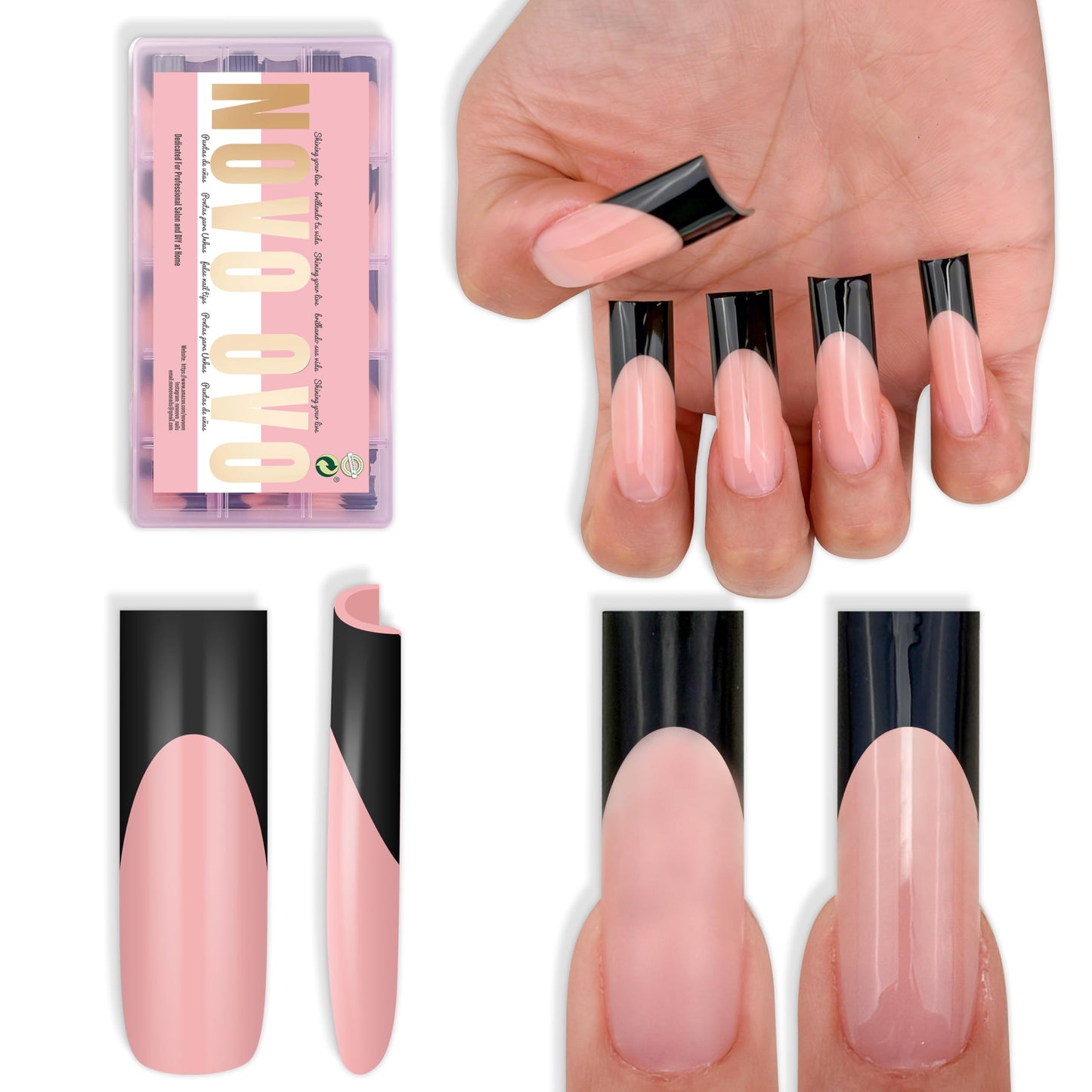 NOVO OVO Soft Gel Nail Tips Long Square - Black French Tip on Baby Pink Base, 180Pcs Full Cover False Nails for Gel X Extension, Sharp Shape Pre-Designed Press on Nails for DIY Home Salon (15 Sizes)