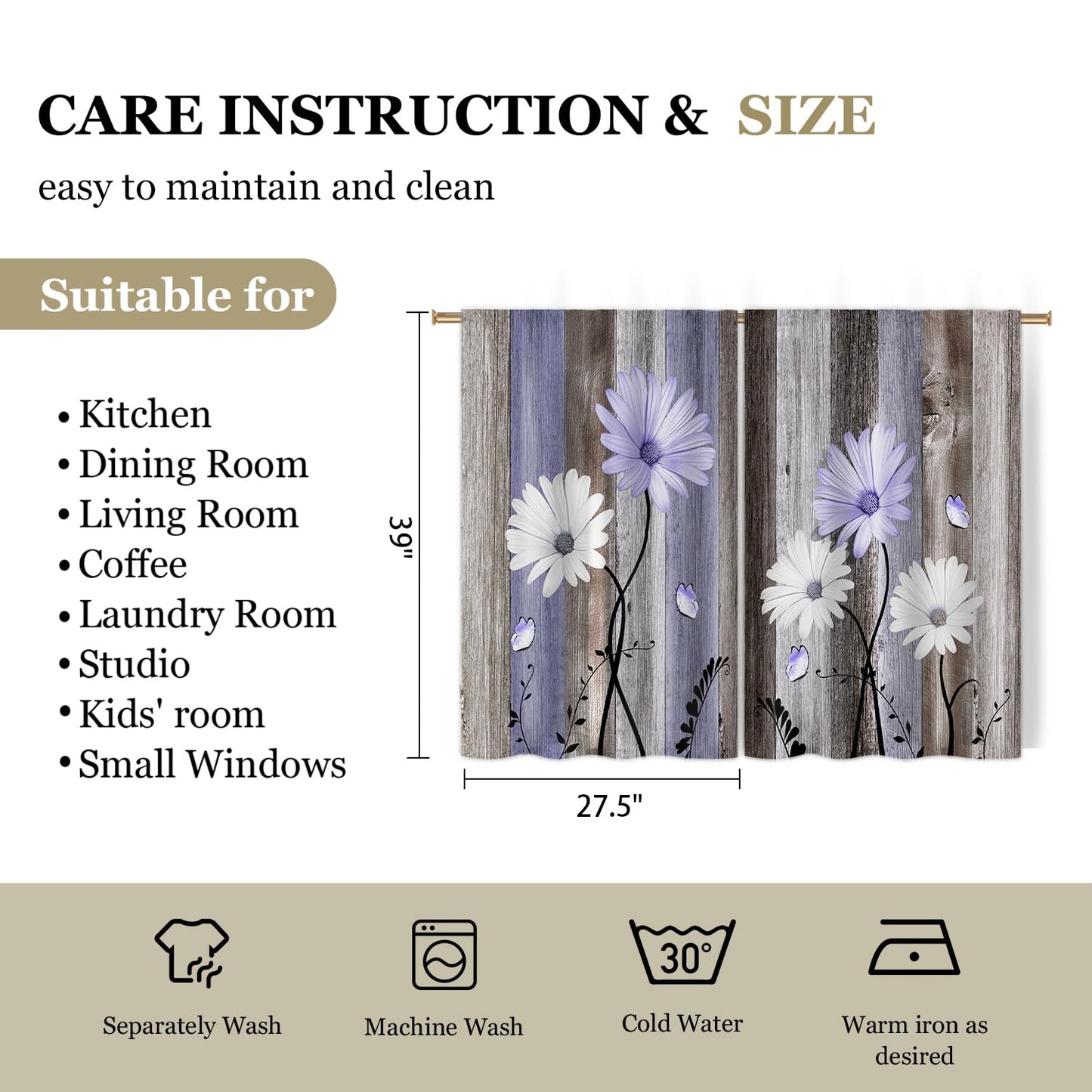 Cizuug Purple Farmhouse Daisy Kitchen Curtains Wooden Flower Small Short Cafe Window Curtains Rustic Floral Butterfly Country Bathroom Drapes Treatment Tier Curtains 2 Panels