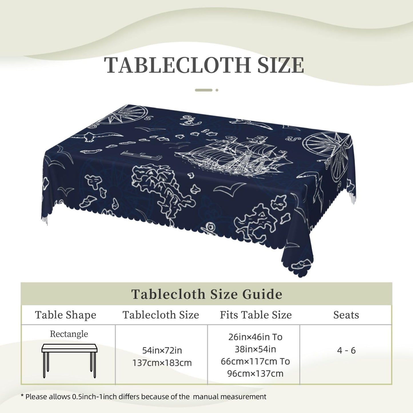 DRAVVIX Marine Nautical Rectangular Tablecloth Adventures Ships Table Cloth with Wavy Lace Decoration Polyester Table Cover for Dining, Parties 54x72 inch