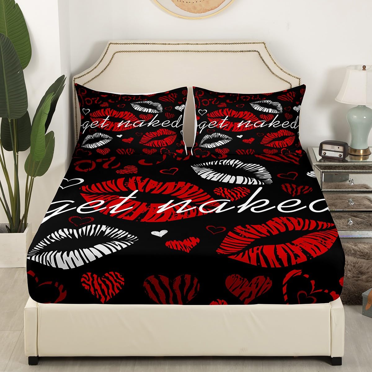 Sexy Lips Bedding Set Funny Get Naked Fitted Sheet & Pillow Sham Set for Couple Lover Kiss Bed Sheet Set White Red Woman Mouth Pattern Decor Bed Cover No Flat Sheet Room Decor Full Size 3Pcs
