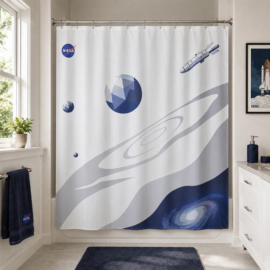 DRIFTED ROOT NASA Licensed Shower Curtain Set, Minimalist Planet Orbit Galaxy Design, Space Poster Art, Oxford Cloth, Bathroom Hotel Decor (Celestial Tides-White/Blue, 72" W x 72" L (Pack of 1))