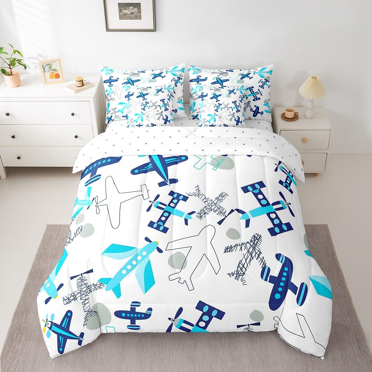 Erosebridal Kids Airplane Twin Bedding Set 7-Piece Aircraft Bed in A Bag with Sheets for Kids Boys Teens Aviation Theme Cartoon Comforter Set Teal Blue Airplanes Bedding Comforter Sets