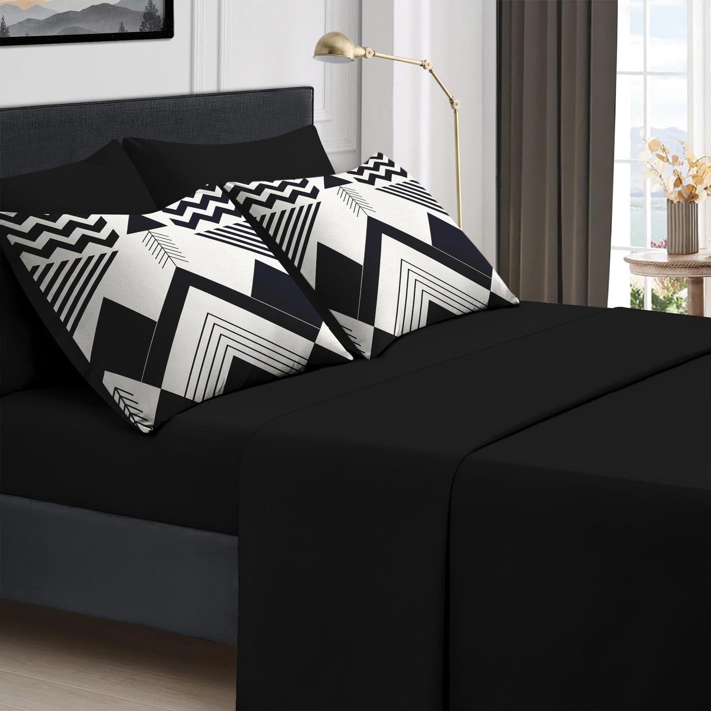Boewywh Comforter Set Twin Size Mountain Geometric Boho 7 Pcs, Bedding for Kids and Adults, Aztec Black Bed Sheet Sets with Fitted Sheet 2 Pillowcases & 2 Shams for Bedroom Bed Decor