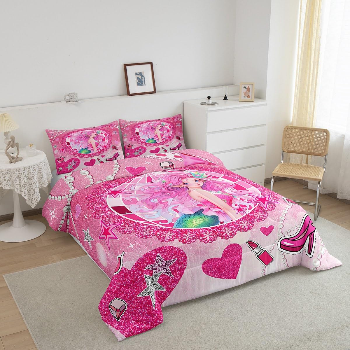 Mermaid Princess Kids Comforter Set Queen Size,High-Heeled Shoes Lip Bowknot Romantic Bedding Set,Girls Women Room Decor,Glitter Sequin Castle Down Comforter,Pink Dreamy Duvet Insert,2 Pillowcases